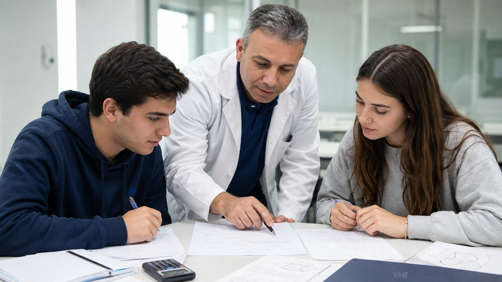 Profesor de Ingeniería explicando paso a paso un ejercicio a dos alumnos
